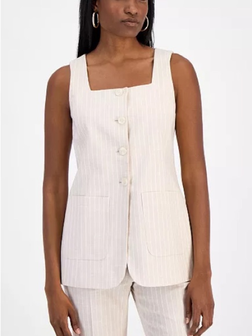 Bar III Cream Pinstripe Square Neck Sleeveless Vest Summer Workwear Size Medium